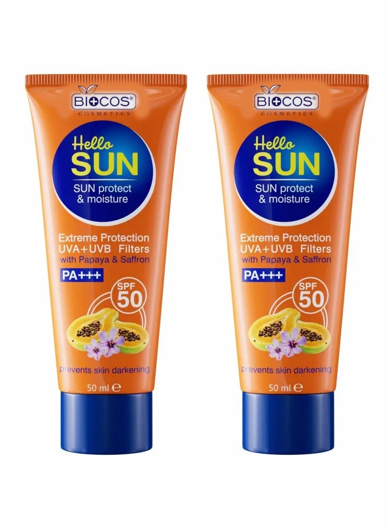 بيوكوس مستحضرات التجميل كريم BIOCOS واقي الشمس المرطب SPF 50 PA++++ للوجه – واقي شمس مع فيتامين E، البابايا، والزعفران للترطيب، حماية من UVA/UVB، بدون أثر أبيض، يمنع اسمرار البشرة وحب الشباب – 50 مل (عبوتان) - Image 1